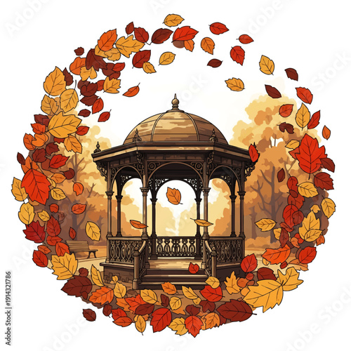 Gazebo surrounded by autumn leaves in a serene park setting.