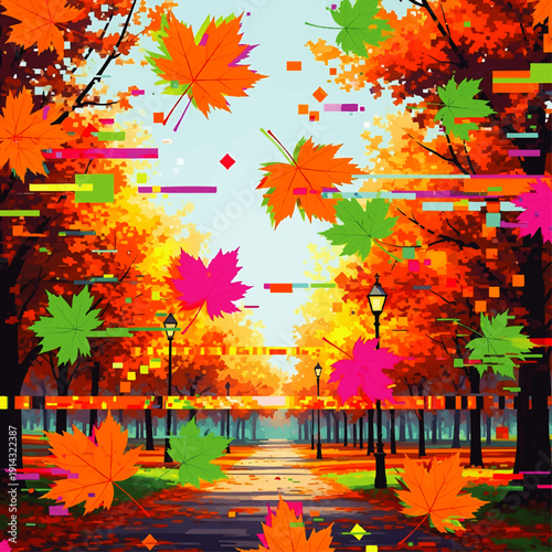 Vibrant Autumn Leaves Falling on a Park Pathway.