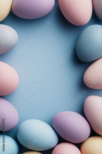 Vertical Easter background with pastel colored eggs arranged around a blue center and clean copy space for seasonal spring design.