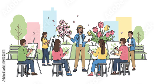 Art Class Outdoors: People Painting Flowers in a Park with Cityscape Background
