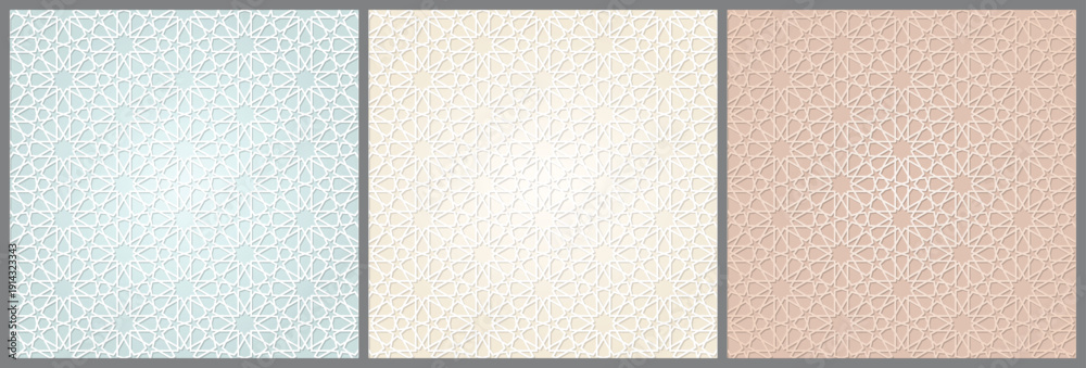 Fototapeta premium Seamless Islamic geometric pattern set. Elegant luxury design. Intricate star and polygon ornament on white background. Perfect for luxury wallpaper, Eid Mubarak design, packaging, Ramadan decor.