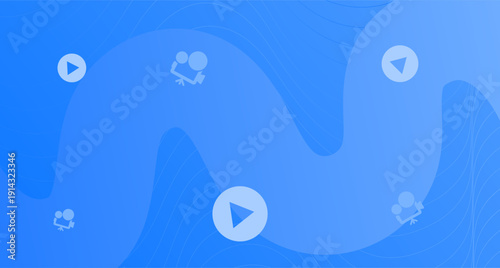 Abstract blue gradient background with video player and cinema camera icons. Vibrant wavy backdrop for multimedia streaming, digital content creation, and movie promotions.