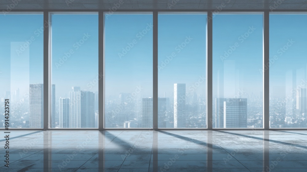 Fototapeta premium Modern Office Interior with Large Windows Showcasing Urban Skyline and Bright Blue Sky in a Contemporary Business Environment