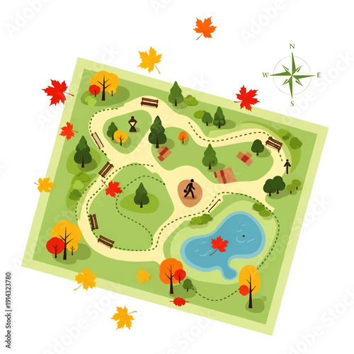 Autumnal park map illustration with walking trails and pond.