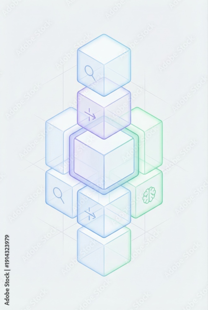 Fototapeta premium Abstract representation of interconnected digital cubes symbolizing innovation, technology, data integration, and cognitive processes showcasing contemporary digital design aesthetic