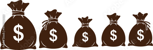 Five black money bags with dollar signs in a row on white background