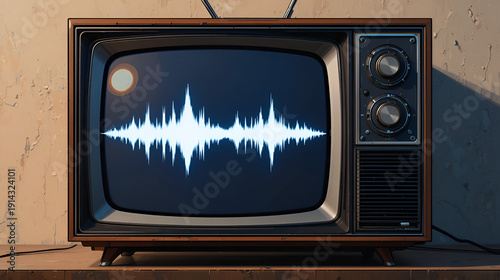 Vector illustration of vintage tv set, television. Turning on, off, white noise, test card, start-up closedown test. Retro electric video display for broadcasting, news. Technology icons