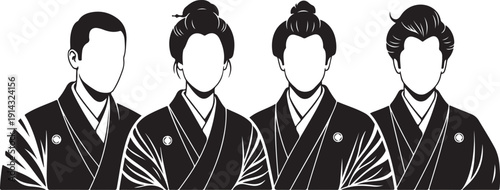 Four faceless men wearing traditional Japanese kimonos in minimalist style