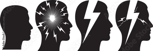 Four silhouettes of human heads with creative ideas and mental states