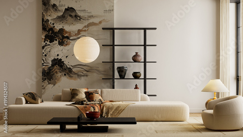 Fényképezés Bold japandi interior styling featuring strong contrast, minimalist furniture and natural materials for a refined modern living environment