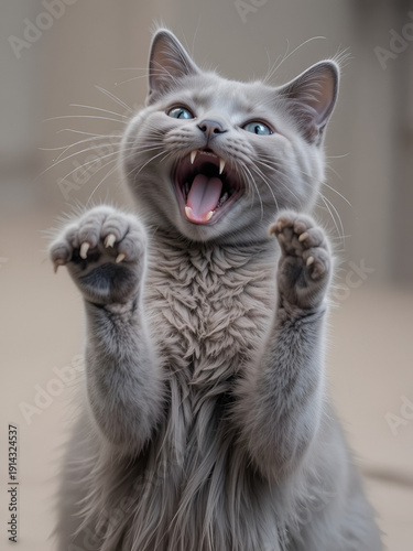 A silver-grey burmese cat is captured in a dynamic pose. The cat is looking up with its mouth open in a hiss or meow, while its front paw is raised with claws fully extended