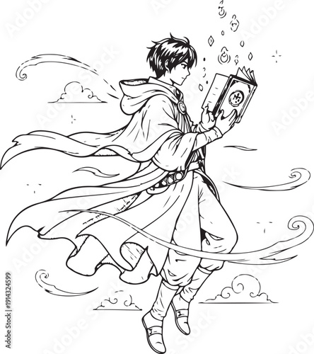 Full Body Anime Wizard Floating and Reading Magic Grimoire Book in Wind with Geometric Clouds Manga Sketch