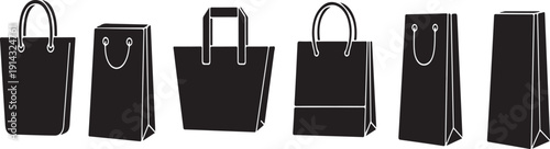 Set of modern black shopping bags with white outlines on clean background