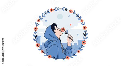 Young Person Smelling Flower in Floral Wreath Circle, Cityscape Background