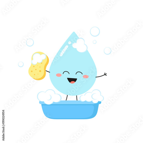 Funny cartoon waterdrop bathing in tub with sponge