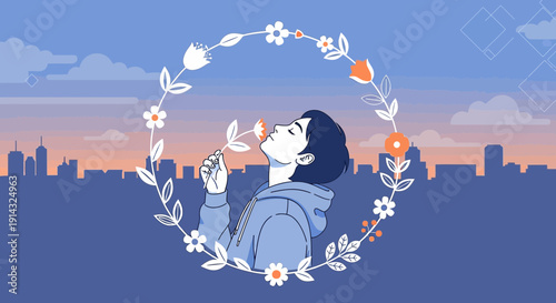 Young Man Smelling Flower in Floral Wreath Against City Skyline Sunset