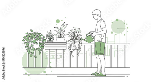 Young Man Watering Potted Plants on Balcony, Line Art Illustration