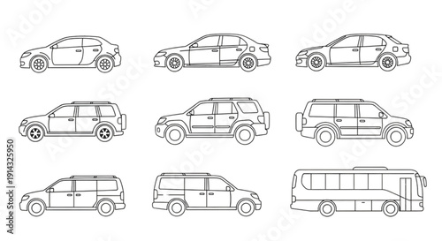 Architectural Vehicle CAD Symbols | Car, Bus and Minibus Top View and Side View Outline Vector Collection