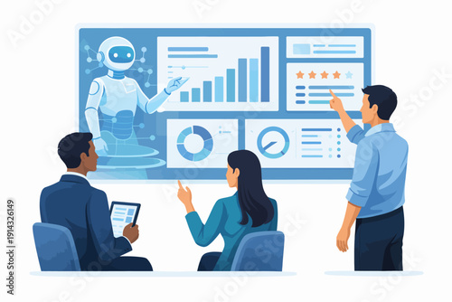 Business professionals collaborate with AI assistant during data analytics presentation, discussing insights and future strategies