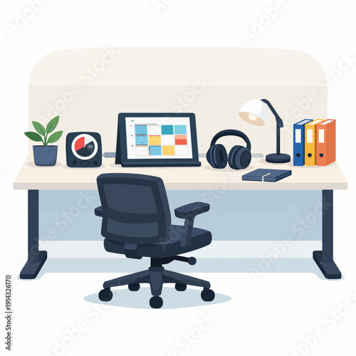 Vector illustration of a modern, organized home office desk, ready for productive remote work
