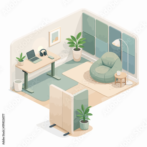 Cozy modern home office with standing desk, bean bag chair, and natural light