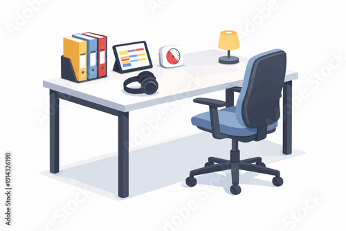 Modern Isometric Workspace Illustration with Desk, Ergonomic Chair, Tablet, and Office Essentials