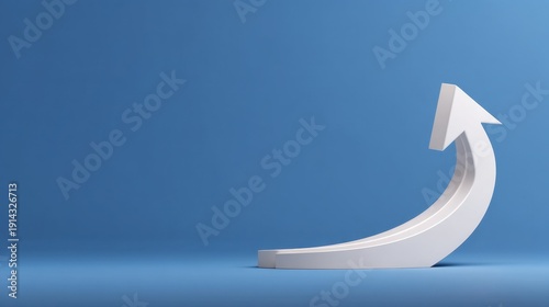 3D Illustration of White Growing Arrow on Blue Background Symbolizing Progress, Success, and Business Growth in a Minimalist Style