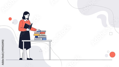 Woman Librarian Organizing Books on Table with Copy Space