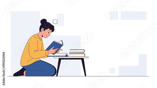 Young Woman Reading Book Sitting Floor Studying Knowledge Education Learning