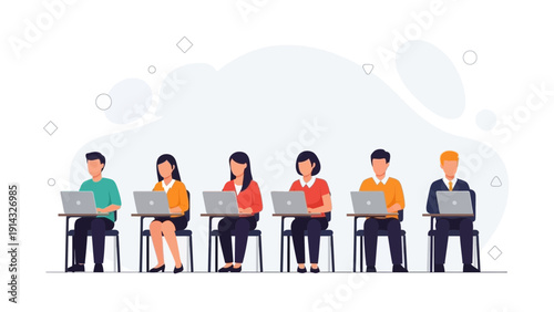 Diverse group of people working on laptops, sitting in a row, flat illustration style