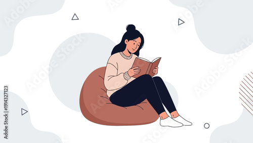 Young woman reading a book while sitting on a bean bag chair, cozy relaxation, abstract background