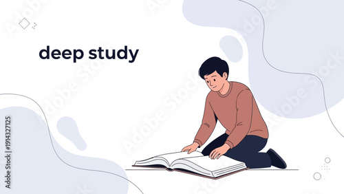 Young Student Deeply Studying Open Book with Concentration