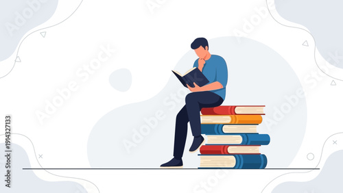 Man Reading Book Sitting on Stack of Books