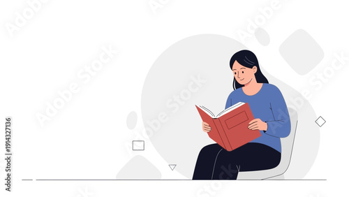 Young Woman Reading a Book, Relaxed and Engaged, Minimalist Illustration
