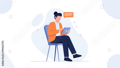 Person sitting on chair using tablet with speech bubble, modern flat illustration