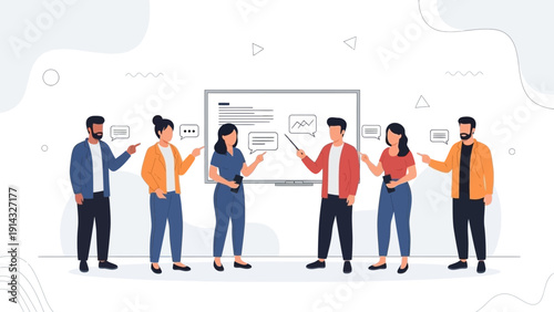 Diverse team collaborating, presenting ideas at whiteboard, business meeting