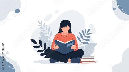 Young Woman Reading Book Sitting Cross-legged Amongst Leaves