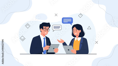 Business Meeting: Colleagues Discussing Ideas with Tablets and Speech Bubbles