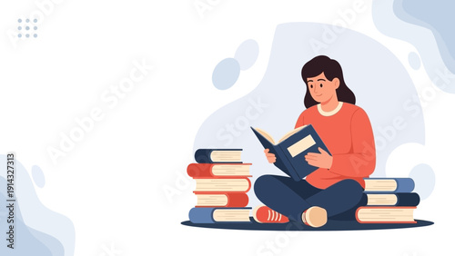 Young Woman Reading Book Sitting on Stack of Books, Education Concept