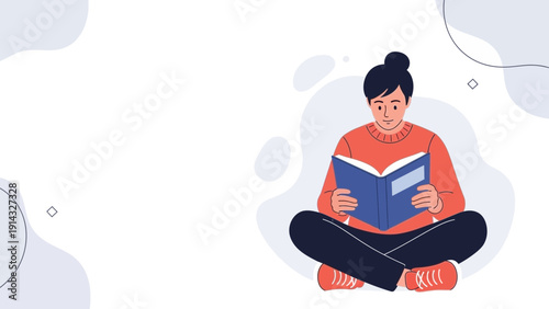 Young Woman Reading Book Sitting Cross-legged, Education Concept