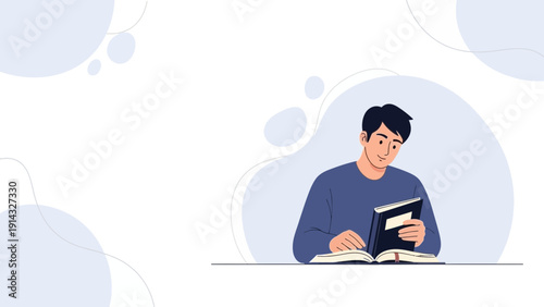 Young man studying, reading book and writing, education concept, flat design
