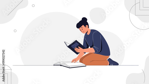 Young Woman Reading Book Outdoors, Casual Learning, Modern Flat Illustration