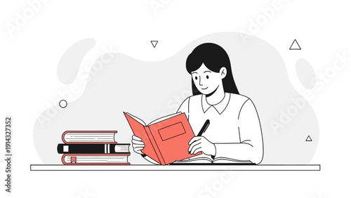 Young woman reading a book at a table with stacked books, educational concept