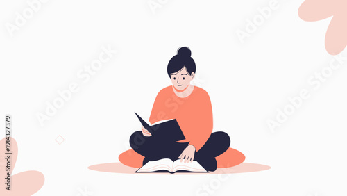 Young Woman Reading Book Cross-Legged, Focused Study, Knowledge and Education Concept