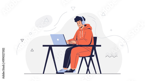 Young Man Wearing Headphones Working on Laptop at Desk, Modern Flat Illustration