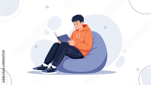 Young man reading a book while sitting on a beanbag chair, illustration