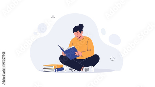 Young Person Reading Book Sitting Cross-legged on Floor