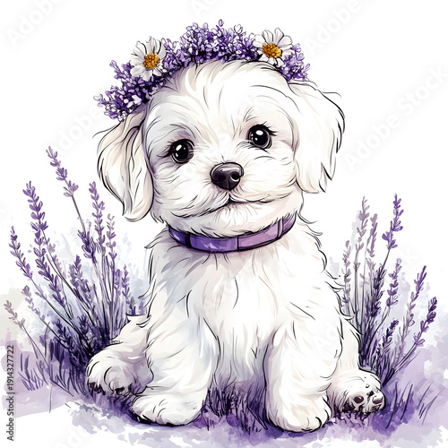 Cute white puppy wearing a wreath of purple flowers on its head and sitting among blooming lavender flowers, illustrated in a soft watercolor pastel style, perfect for nursery art, spring designs, chi