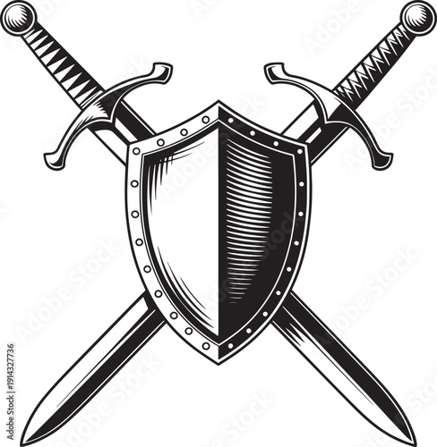 Engraved Medieval Shield and Crossed Swords Illustration