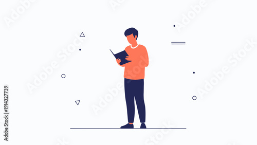 Young Man Reading Book Standing, Minimalist Flat Illustration, Knowledge and Education Concept